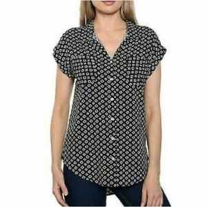 Jachs Girlfriend Womens Top Navy Blue Printed Button Front V-Neck Shirt Sz M